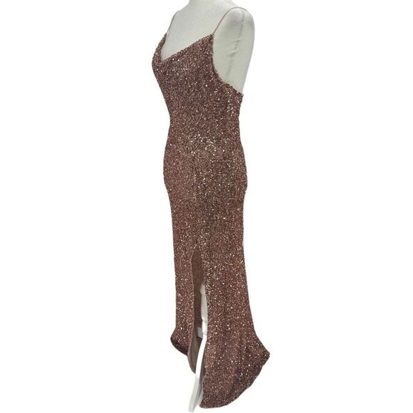 Alice + Olivia Diana Sequined Cowl Neck Slit Gown Antique Rose Pink Dress Size 0 - Picture 3 of 15